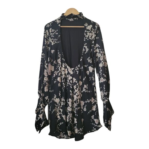 NWT Free People Black Floral Open Back Aries Mini Dress Or Tunic Size Large - Picture 5 of 11